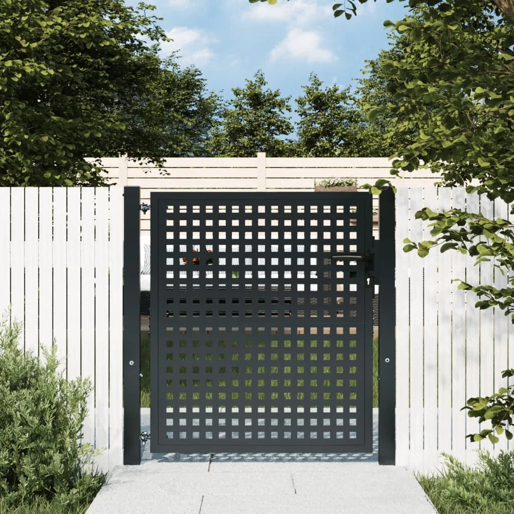 Stalen Tuinpoort met Dicht Gaas – Afsluitbare Binnenplaatsdeur van Verdikt Staal, Rooksteenkool/Antraciet, Verkrijgbaar in 105 × 125 cm en 105 × 150 cm