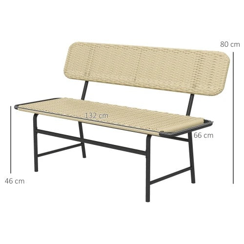 2-Zits Balkonbank zonder Armleuningen – Kaki Tuinbank van Kunststof Rattan met Stalen Frame, Compact & Weerbestendig – Voor Balkon, Terras & Veranda