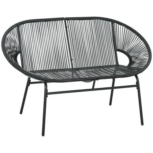 Set van 2 Zwarte Tuinbanken – 2-Zits Acapulco Stijl met Handgeweven PE-Rotan, Stalen Frame & Ergonomische Rugleuning – Weerbestendig voor Balkon, Terras & Veranda