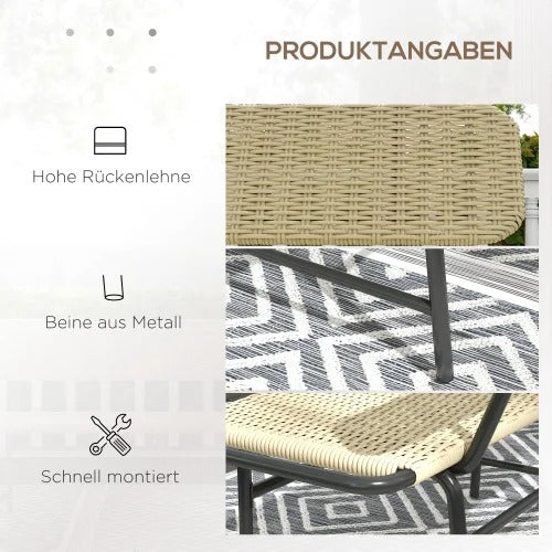 2-Zits Balkonbank zonder Armleuningen – Kaki Tuinbank van Kunststof Rattan met Stalen Frame, Compact & Weerbestendig – Voor Balkon, Terras & Veranda