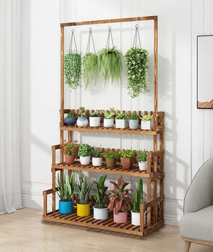 3-Laags Houten Plantenstandaard met Ophangstang – Massief Dennenhout – 100 × 40 × 96 cm – Plantenrek voor Binnen en Buiten