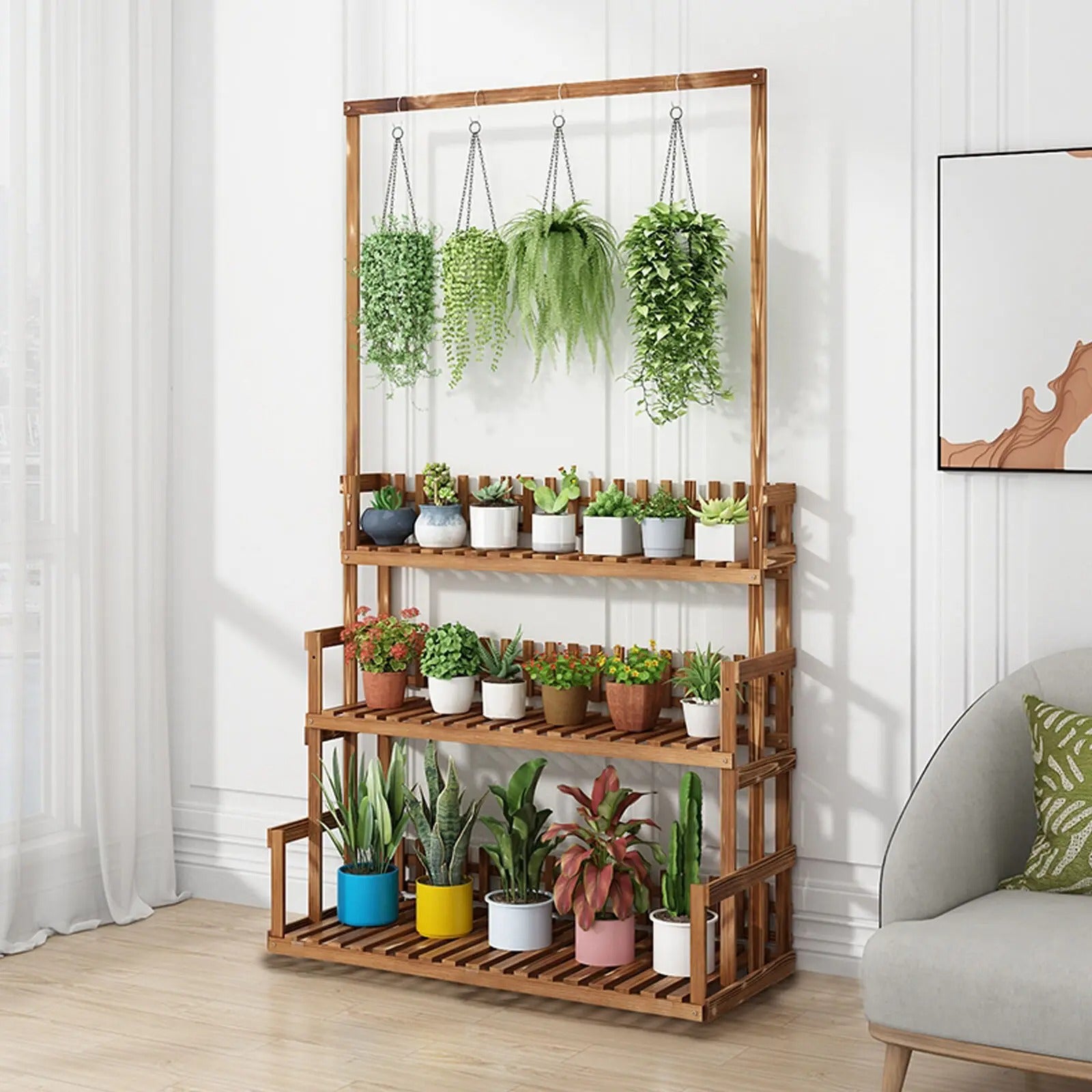 3-Laags Houten Plantenstandaard met Ophangstang – Massief Dennenhout – 100 × 40 × 96 cm – Plantenrek voor Binnen en Buiten