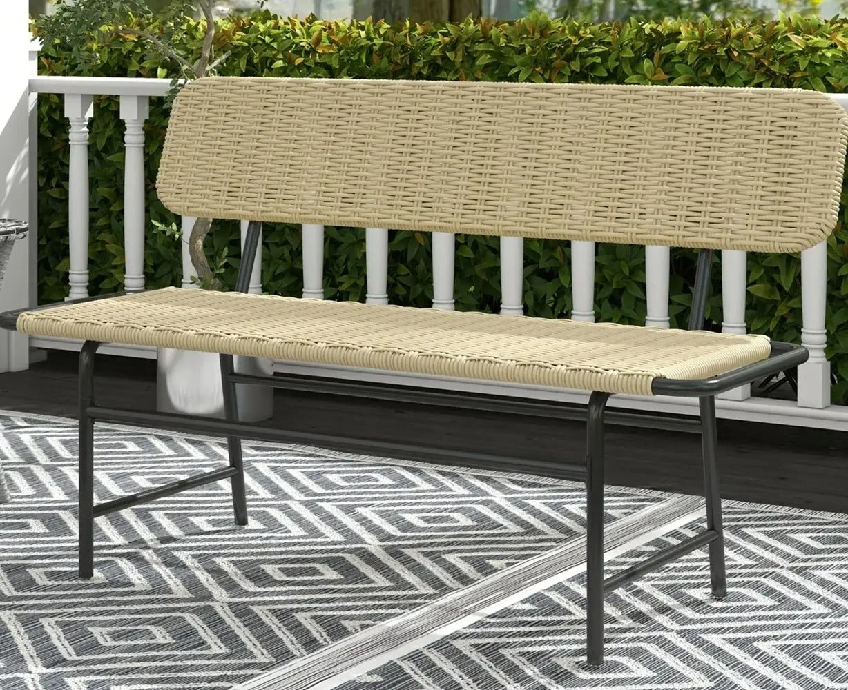 2-Zits Balkonbank zonder Armleuningen – Kaki Tuinbank van Kunststof Rattan met Stalen Frame, Compact & Weerbestendig – Voor Balkon, Terras & Veranda
