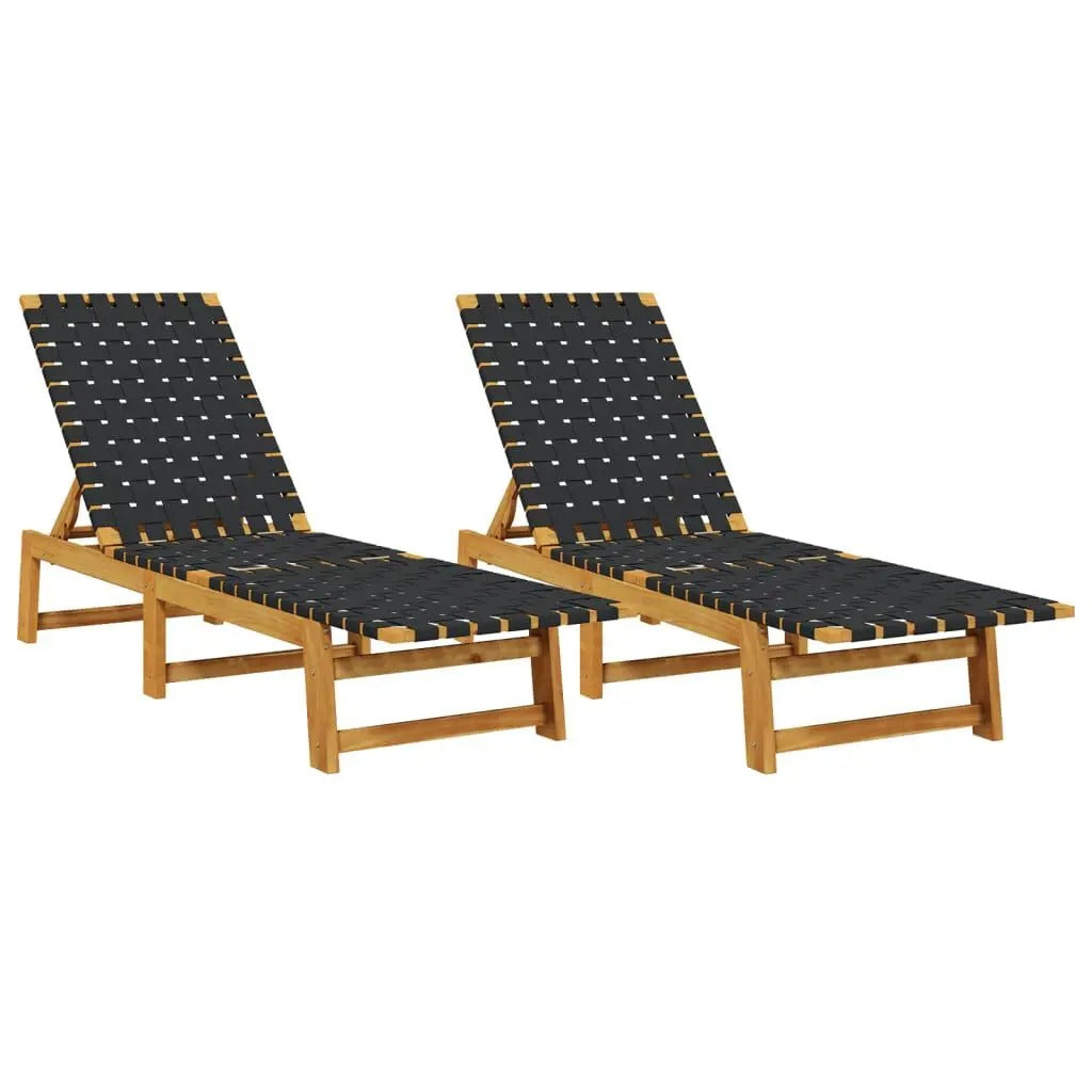 Set van 2 Verstelbare Loungestoelen van Massief Acaciahout – 4-Standen Rugleuning, Ademend Olefine Bandontwerp & Weerbestendig Frame – Voor Tuin, Terras & Zwembad