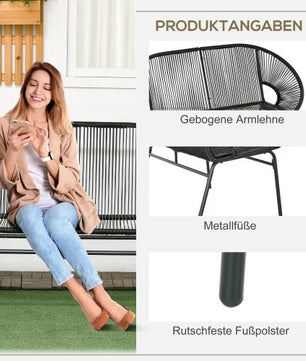 Set van 2 Zwarte Tuinbanken – 2-Zits Acapulco Stijl met Handgeweven PE-Rotan, Stalen Frame & Ergonomische Rugleuning – Weerbestendig voor Balkon, Terras & Veranda