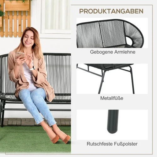 Set van 2 Zwarte Tuinbanken – 2-Zits Acapulco Stijl met Handgeweven PE-Rotan, Stalen Frame & Ergonomische Rugleuning – Weerbestendig voor Balkon, Terras & Veranda