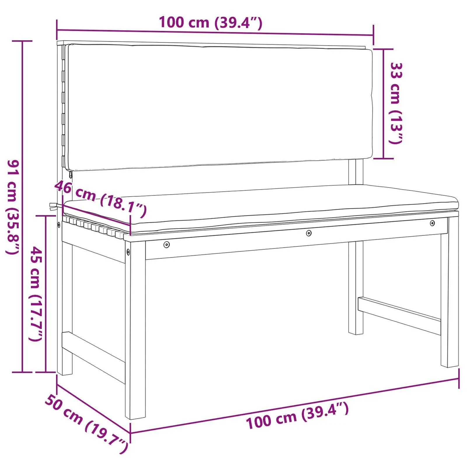 Teakhouten Buitenbank voor 2 Personen – Crème Kussen, Rechthoekig Design & Weerbestendig – 100 cm