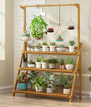 3-Lagen Bamboe Plantentrap met Ophangrek – Opvouwbare Ladder Plantenstandaard – 100 × 40 × 96 cm – Voor Binnen en Buiten