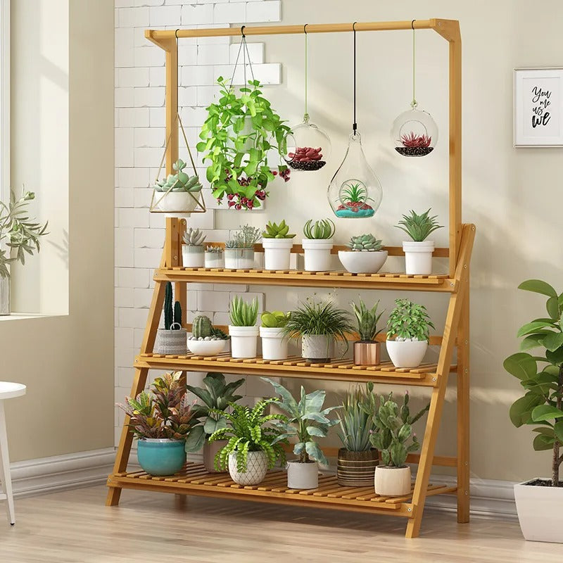 3-Lagen Bamboe Plantentrap met Ophangrek – Opvouwbare Ladder Plantenstandaard – 100 × 40 × 96 cm – Voor Binnen en Buiten