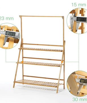 3-Lagen Bamboe Plantentrap met Ophangrek – Opvouwbare Ladder Plantenstandaard – 100 × 40 × 96 cm – Voor Binnen en Buiten