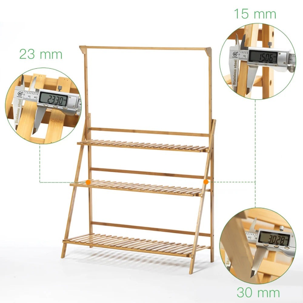 3-Lagen Bamboe Plantentrap met Ophangrek – Opvouwbare Ladder Plantenstandaard – 100 × 40 × 96 cm – Voor Binnen en Buiten