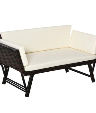 2-Zits Opvouwbare Loungebank met Verstelbare Armleuningen – Stalen Frame & Weerbestendige Rotanlook, Inclusief Kussens – Voor Balkon, Terras & Tuin