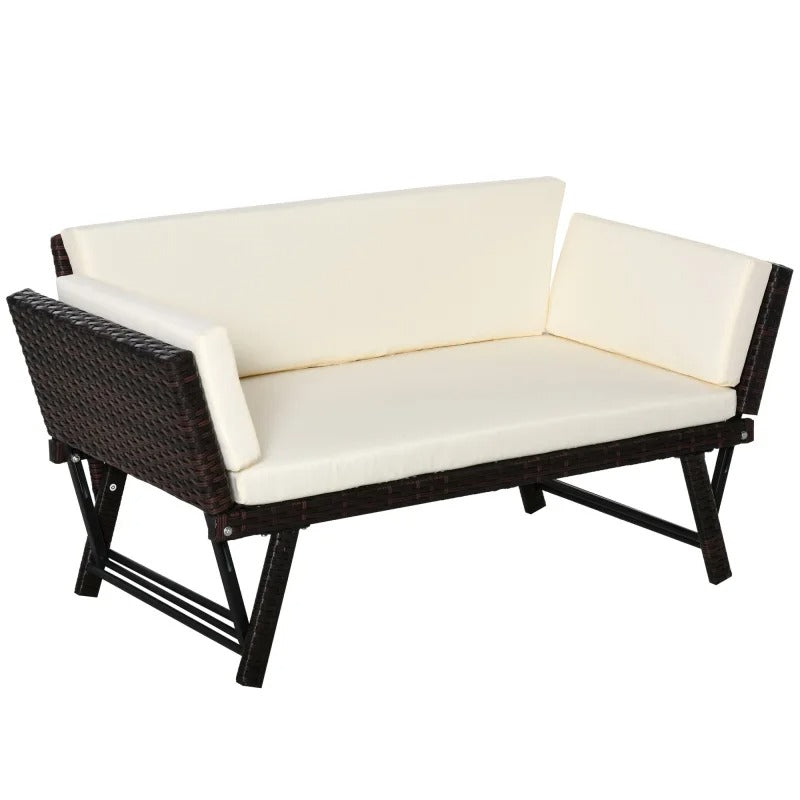 2-Zits Opvouwbare Loungebank met Verstelbare Armleuningen – Stalen Frame & Weerbestendige Rotanlook, Inclusief Kussens – Voor Balkon, Terras & Tuin