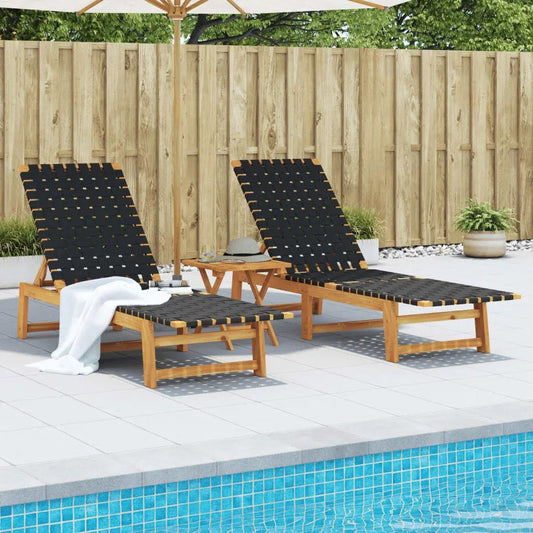 Set van 2 Verstelbare Loungestoelen van Massief Acaciahout – 4-Standen Rugleuning, Ademend Olefine Bandontwerp & Weerbestendig Frame – Voor Tuin, Terras & Zwembad