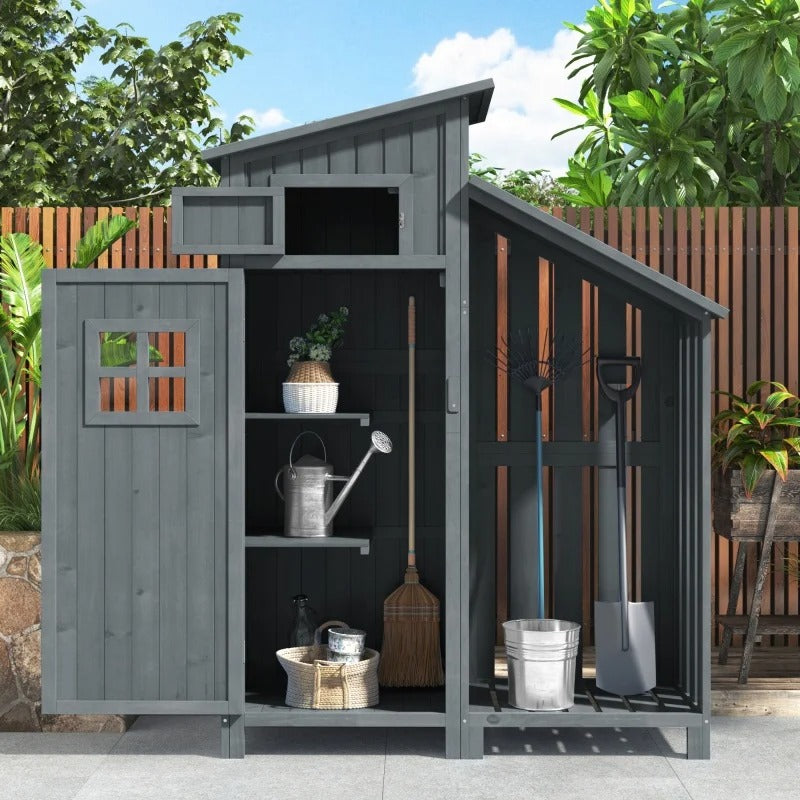 Houten Tuinkast met Dubbele Deuren – 2 Compartimenten – Waterdicht PVC-Dak – 124 × 46 × 174 cm – Grijze Opbergkast voor Tuin en Balkon