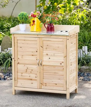 Houten Tuinkast met Werkblad en Opbergruimte – Gegalvaniseerd Aanrecht – 2 Planken – 83 × 40 × 92 cm – Planttafel en Gereedschapskast voor Tuin en Balkon