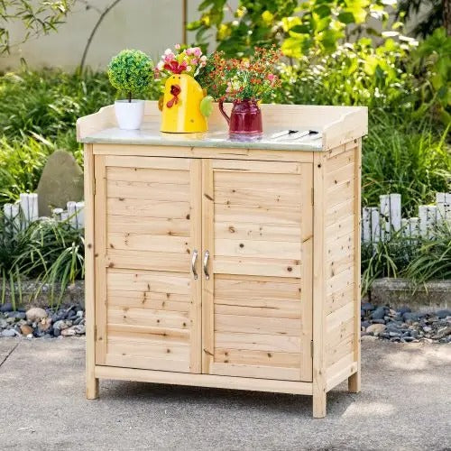 Houten Tuinkast met Werkblad en Opbergruimte – Gegalvaniseerd Aanrecht – 2 Planken – 83 × 40 × 92 cm – Planttafel en Gereedschapskast voor Tuin en Balkon