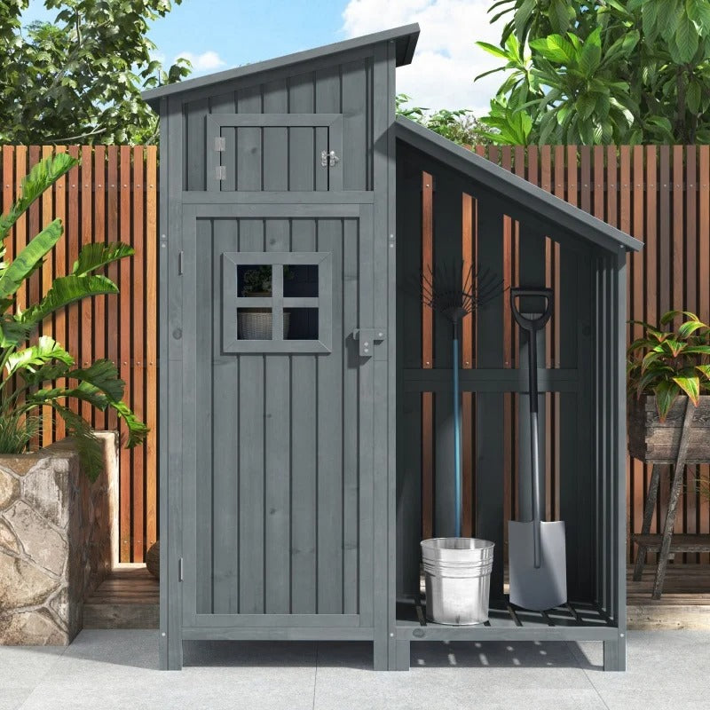 Houten Tuinkast met Dubbele Deuren – 2 Compartimenten – Waterdicht PVC-Dak – 124 × 46 × 174 cm – Grijze Opbergkast voor Tuin en Balkon