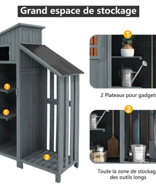 Houten Tuinkast met Dubbele Deuren – 2 Compartimenten – Waterdicht PVC-Dak – 124 × 46 × 174 cm – Grijze Opbergkast voor Tuin en Balkon