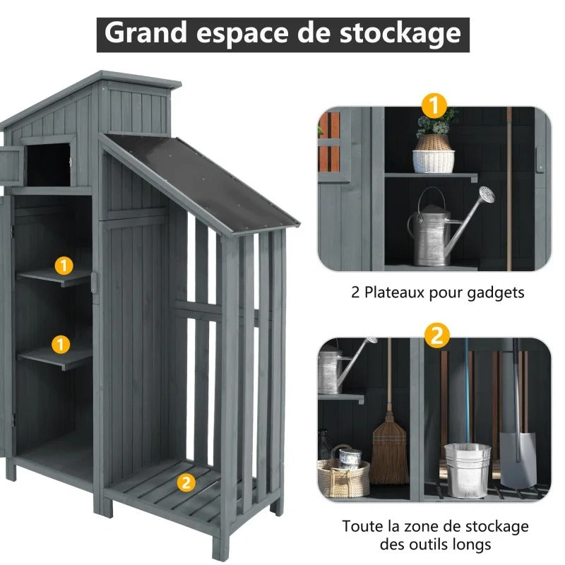 Houten Tuinkast met Dubbele Deuren – 2 Compartimenten – Waterdicht PVC-Dak – 124 × 46 × 174 cm – Grijze Opbergkast voor Tuin en Balkon