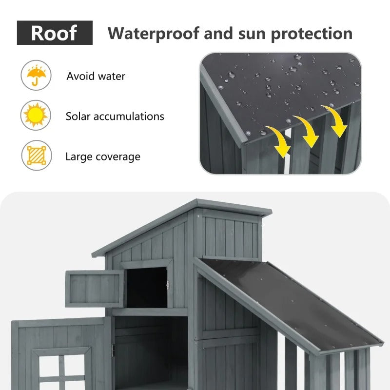Houten Tuinkast met Dubbele Deuren – 2 Compartimenten – Waterdicht PVC-Dak – 124 × 46 × 174 cm – Grijze Opbergkast voor Tuin en Balkon