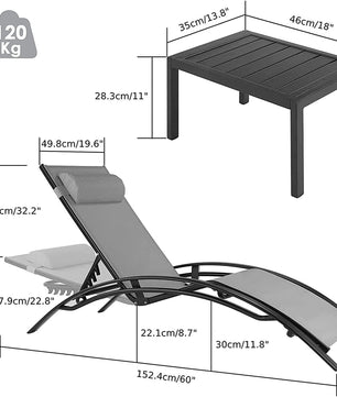 3-Delige Aluminium Loungeset voor Buiten – 2 Verstelbare Ligstoelen met Tafel, Ademend Textileen & Stapelbaar Design – Ideaal voor Tuin, Zwembad, Strand & Camping