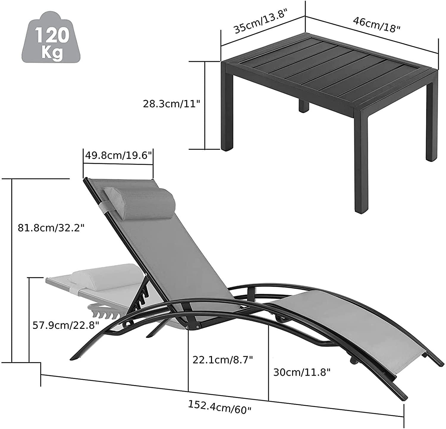 3-Delige Aluminium Loungeset voor Buiten – 2 Verstelbare Ligstoelen met Tafel, Ademend Textileen & Stapelbaar Design – Ideaal voor Tuin, Zwembad, Strand & Camping