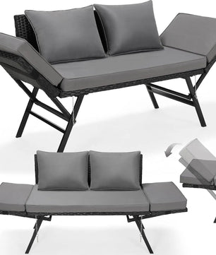 3-Zits Polyrattan Tuinbank met Verstelbare Armleuningen – Omvormbaar tot Ligstoel, Inclusief Weerbestendige Kussens & Stalen Frame – 176 cm