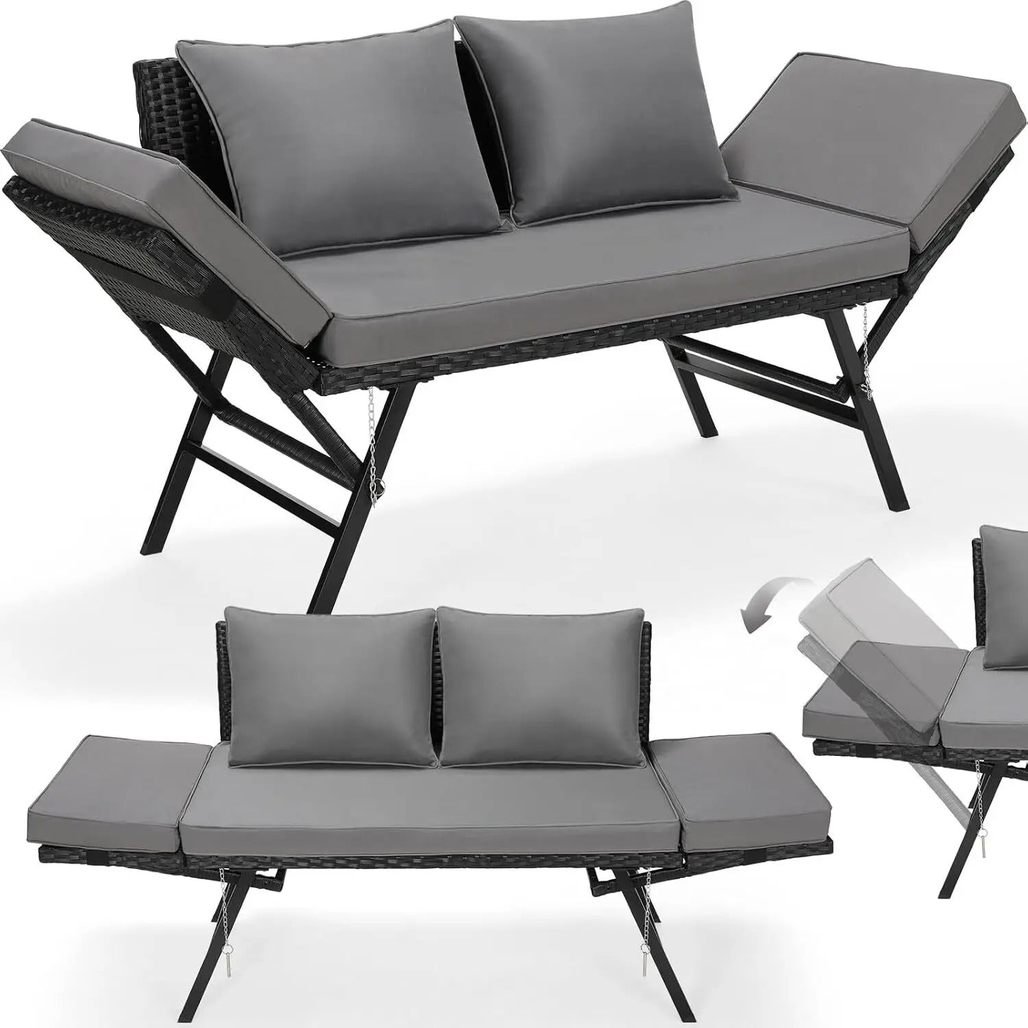 3-Zits Polyrattan Tuinbank met Verstelbare Armleuningen – Omvormbaar tot Ligstoel, Inclusief Weerbestendige Kussens & Stalen Frame – 176 cm