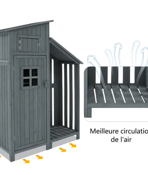 Houten Tuinkast met Dubbele Deuren – 2 Compartimenten – Waterdicht PVC-Dak – 124 × 46 × 174 cm – Grijze Opbergkast voor Tuin en Balkon
