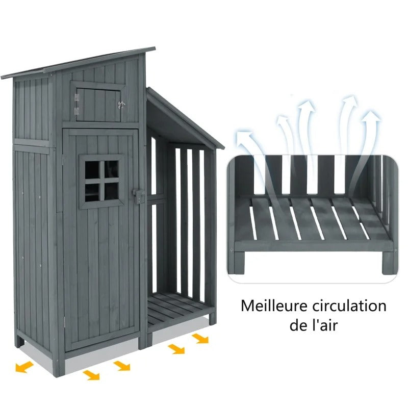 Houten Tuinkast met Dubbele Deuren – 2 Compartimenten – Waterdicht PVC-Dak – 124 × 46 × 174 cm – Grijze Opbergkast voor Tuin en Balkon