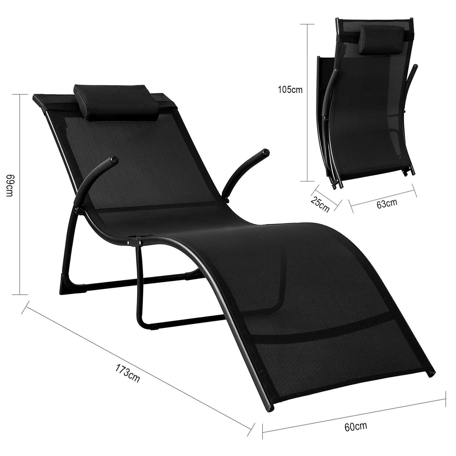 Opvouwbare Tuinligstoel met Kussen – Ergonomisch Gebogen Design, Ademend UV-Bestendig Textiel & Stalen Frame – Geschikt voor Tuin, Balkon & Strand