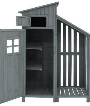 Houten Tuinkast met Dubbele Deuren – 2 Compartimenten – Waterdicht PVC-Dak – 124 × 46 × 174 cm – Grijze Opbergkast voor Tuin en Balkon