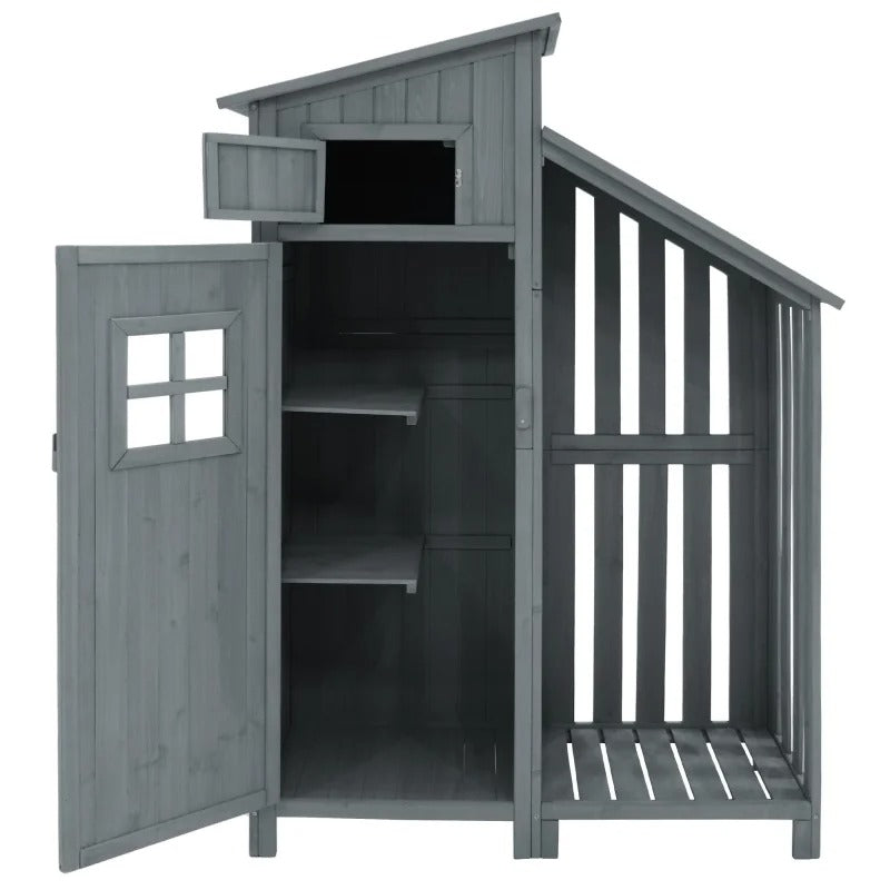 Houten Tuinkast met Dubbele Deuren – 2 Compartimenten – Waterdicht PVC-Dak – 124 × 46 × 174 cm – Grijze Opbergkast voor Tuin en Balkon