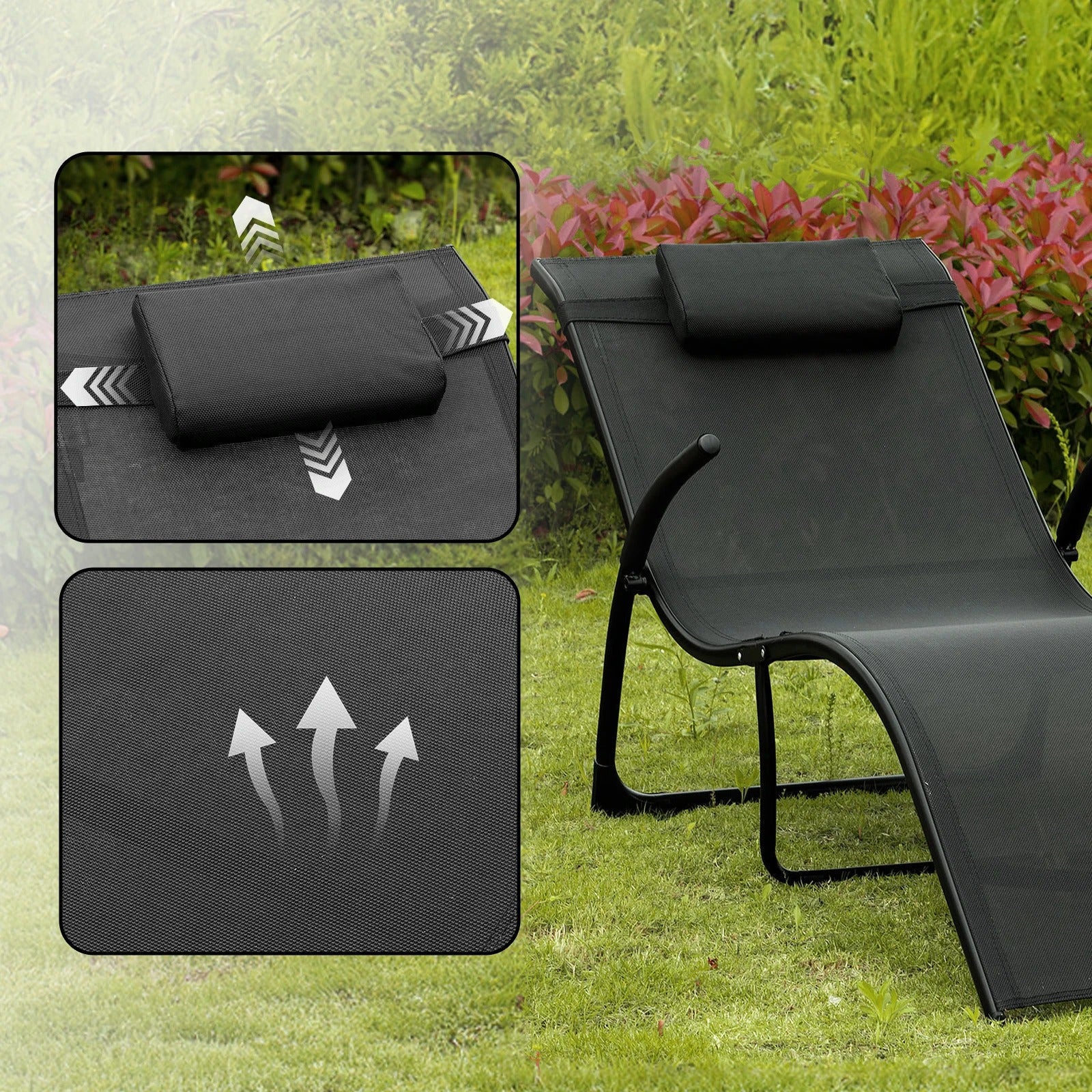 Opvouwbare Tuinligstoel met Kussen – Ergonomisch Gebogen Design, Ademend UV-Bestendig Textiel & Stalen Frame – Geschikt voor Tuin, Balkon & Strand