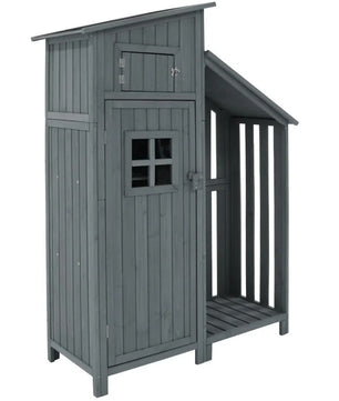 Houten Tuinkast met Dubbele Deuren – 2 Compartimenten – Waterdicht PVC-Dak – 124 × 46 × 174 cm – Grijze Opbergkast voor Tuin en Balkon