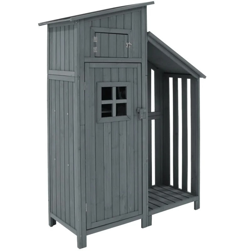 Houten Tuinkast met Dubbele Deuren – 2 Compartimenten – Waterdicht PVC-Dak – 124 × 46 × 174 cm – Grijze Opbergkast voor Tuin en Balkon