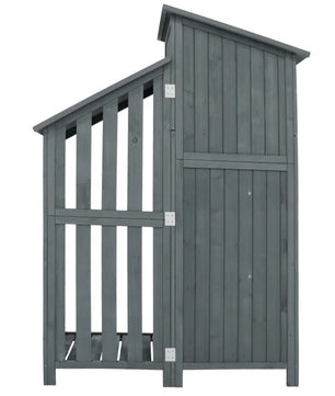 Houten Tuinkast met Dubbele Deuren – 2 Compartimenten – Waterdicht PVC-Dak – 124 × 46 × 174 cm – Grijze Opbergkast voor Tuin en Balkon