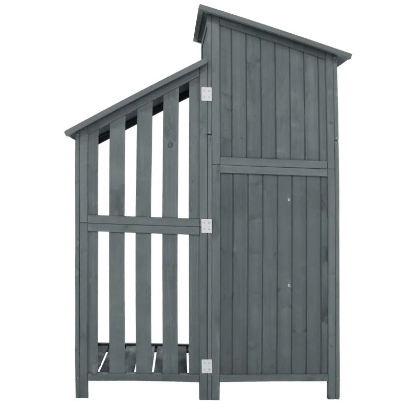 Houten Tuinkast met Dubbele Deuren – 2 Compartimenten – Waterdicht PVC-Dak – 124 × 46 × 174 cm – Grijze Opbergkast voor Tuin en Balkon