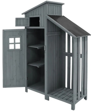 Houten Tuinkast met Dubbele Deuren – 2 Compartimenten – Waterdicht PVC-Dak – 124 × 46 × 174 cm – Grijze Opbergkast voor Tuin en Balkon
