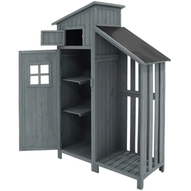Houten Tuinkast met Dubbele Deuren – 2 Compartimenten – Waterdicht PVC-Dak – 124 × 46 × 174 cm – Grijze Opbergkast voor Tuin en Balkon