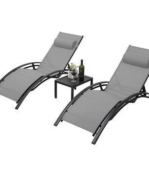 3-Delige Aluminium Loungeset voor Buiten – 2 Verstelbare Ligstoelen met Tafel, Ademend Textileen & Stapelbaar Design – Ideaal voor Tuin, Zwembad, Strand & Camping