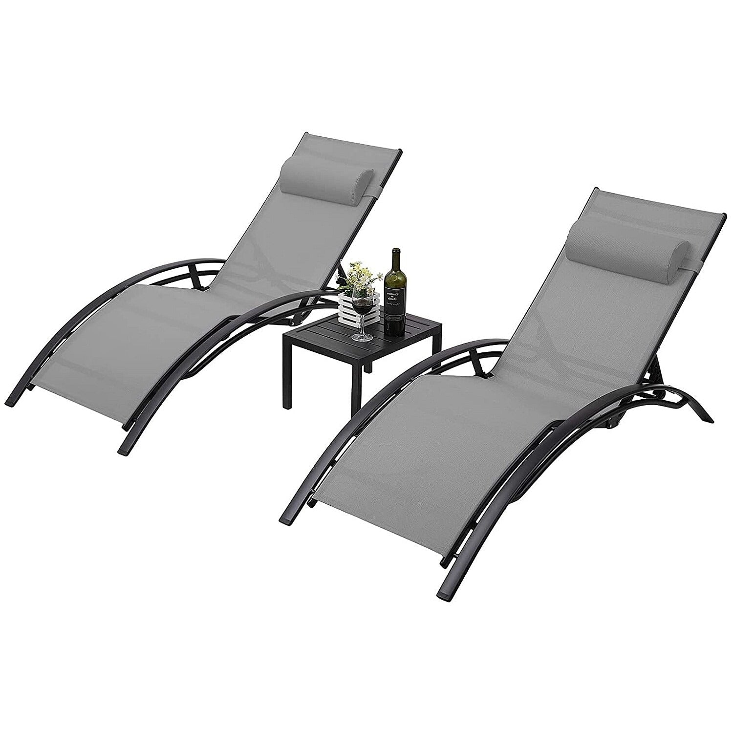 3-Delige Aluminium Loungeset voor Buiten – 2 Verstelbare Ligstoelen met Tafel, Ademend Textileen & Stapelbaar Design – Ideaal voor Tuin, Zwembad, Strand & Camping