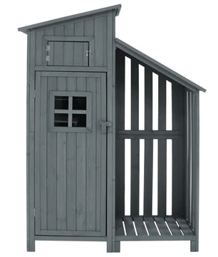 Houten Tuinkast met Dubbele Deuren – 2 Compartimenten – Waterdicht PVC-Dak – 124 × 46 × 174 cm – Grijze Opbergkast voor Tuin en Balkon