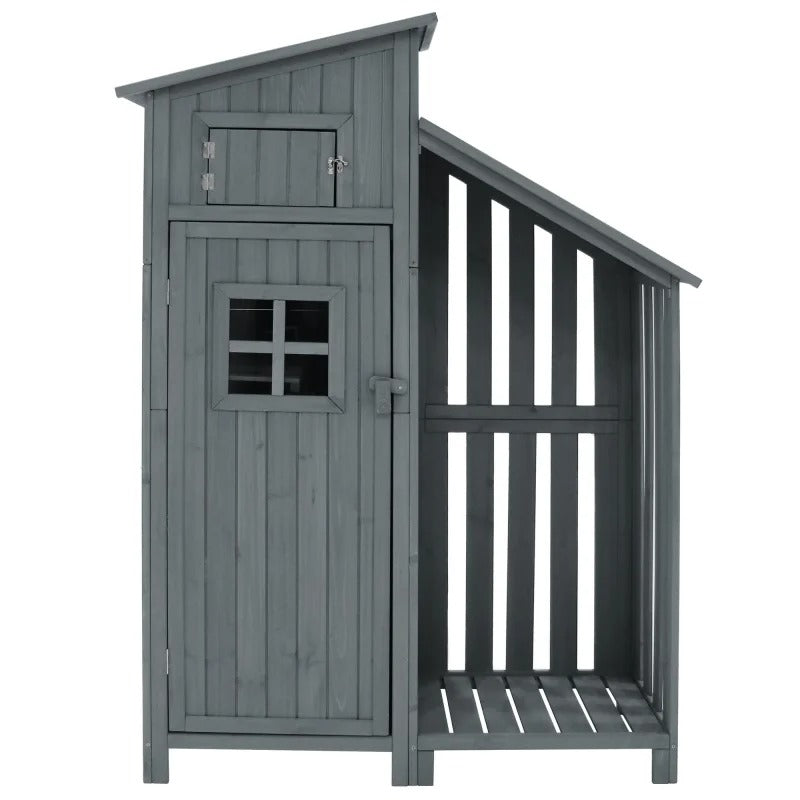Houten Tuinkast met Dubbele Deuren – 2 Compartimenten – Waterdicht PVC-Dak – 124 × 46 × 174 cm – Grijze Opbergkast voor Tuin en Balkon