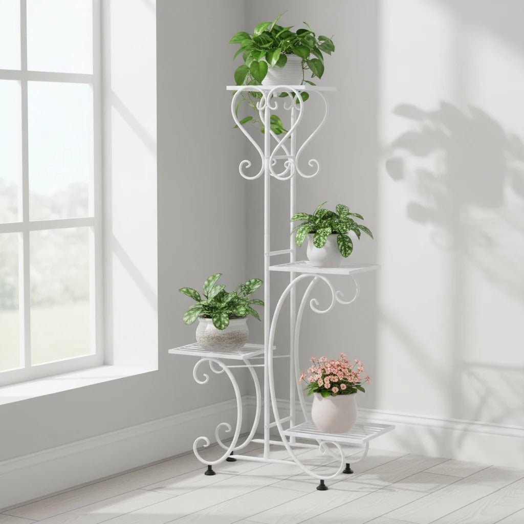 Metalen Plantenstandaard met 4 Lagen – Europees Design – Gecoat IJzer – 57 × 81 cm – Roestbestendig en Ruimtebesparend voor Binnen en Buiten