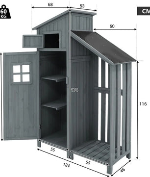 Houten Tuinkast met Dubbele Deuren – 2 Compartimenten – Waterdicht PVC-Dak – 124 × 46 × 174 cm – Grijze Opbergkast voor Tuin en Balkon