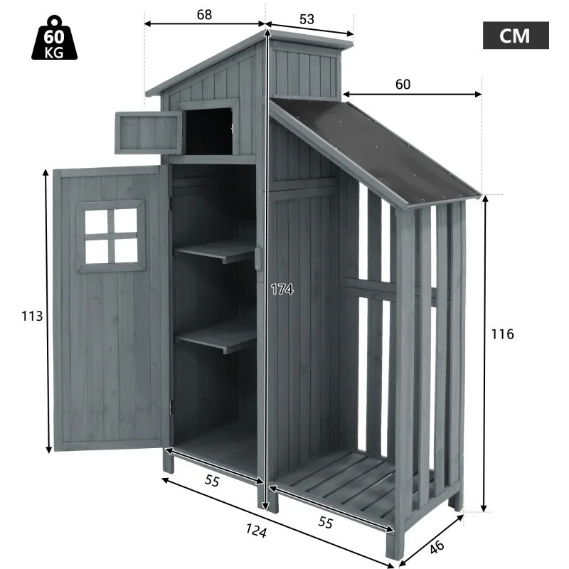 Houten Tuinkast met Dubbele Deuren – 2 Compartimenten – Waterdicht PVC-Dak – 124 × 46 × 174 cm – Grijze Opbergkast voor Tuin en Balkon