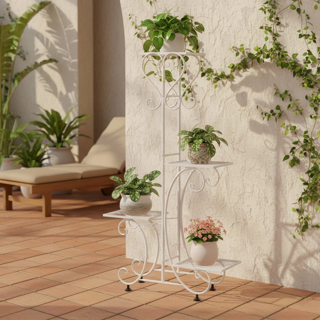 Metalen Plantenstandaard met 4 Lagen – Europees Design – Gecoat IJzer – 57 × 81 cm – Roestbestendig en Ruimtebesparend voor Binnen en Buiten