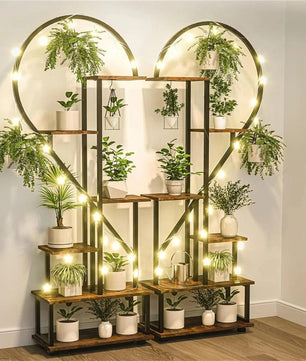 Set van 2 Halve Hartvormige Plantenstandaards – 6-Laags Verticaal Plantenrek – Metaal & MDF Hout – 112 × 28 × 165 cm – Voor Binnen en Buiten